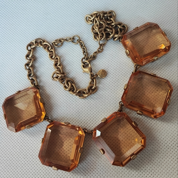 J. Crew Brand Statement Necklace Huge Warm Honey Faceted Beveled Glass Stones - Picture 6 of 15